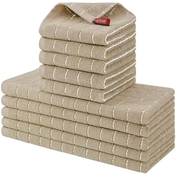 Kitchen Towels and Dishcloths Set, 12 x 12 and 13 x 28 Inches, Set of 10 Bulk Cotton Terry Kitchen Towels Set, Checkered Designed, Soft and Super Absorbent Dish Towels, Tan