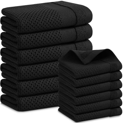 Kitchen Towels and Dishcloths Set, 12 x 12 and 13 x 28 Inches, Set of 12 100% Cotton Waffle Weave Kitchen Towels, Super Soft and Absorbent Dish Cloths, Black