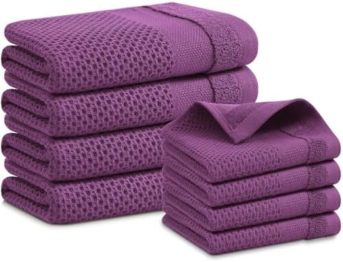 Kitchen Towels and Dishcloths Set, 12 x 12 and 13 x 28 Inches, Set of 8 100% Cotton Waffle Weave Kitchen Towels, Super Soft and Absorbent Dish Cloths, Purple