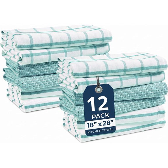 Kitchen Towels & Dishcloths Set of 12-100% Cotton, Quick-Drying 18” x 28” Absorbent Dish & Tea Towels, Soft Hand Towels for Kitchen - Aqua