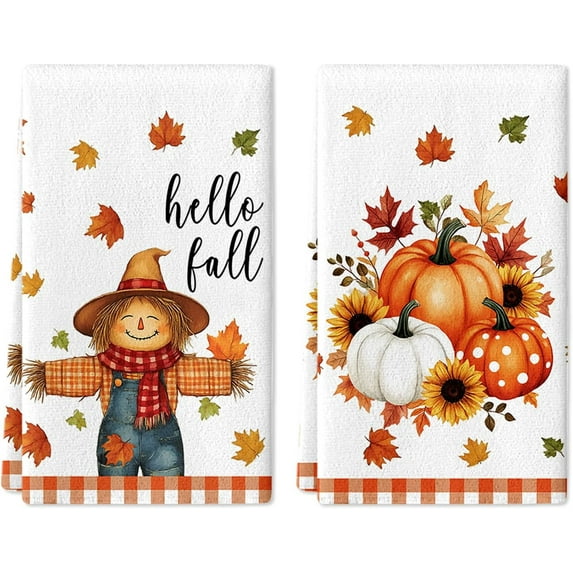 Kitchen Towels Fall Scarecrow Kitchen Towels Sets of 2, 18x26 in Autumn Pumkin Hand Towels for Bathroom, Thanksgiving Harvest Home Decor Dish Towel Soft Absorbent Face Towels for Hotel