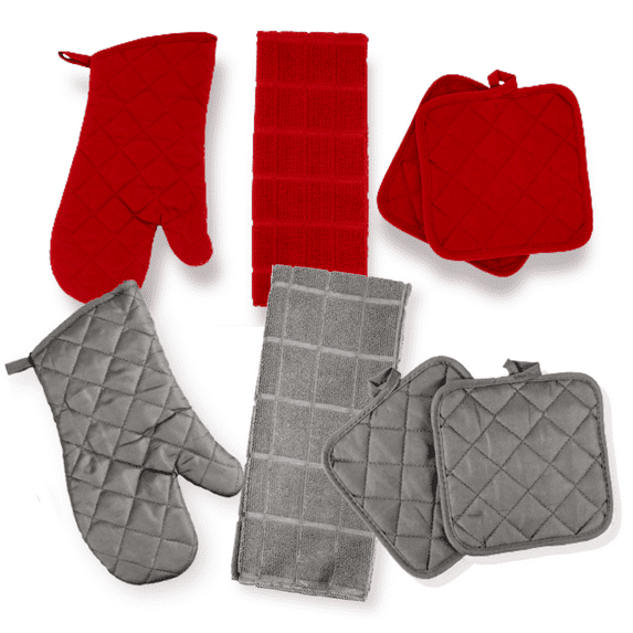 Kitchen Towels - Gray & Red - Kitchen Towel Set - 2 Kitchen Towels, 4 Pot holders, 2 Oven Mitt - Set of 8