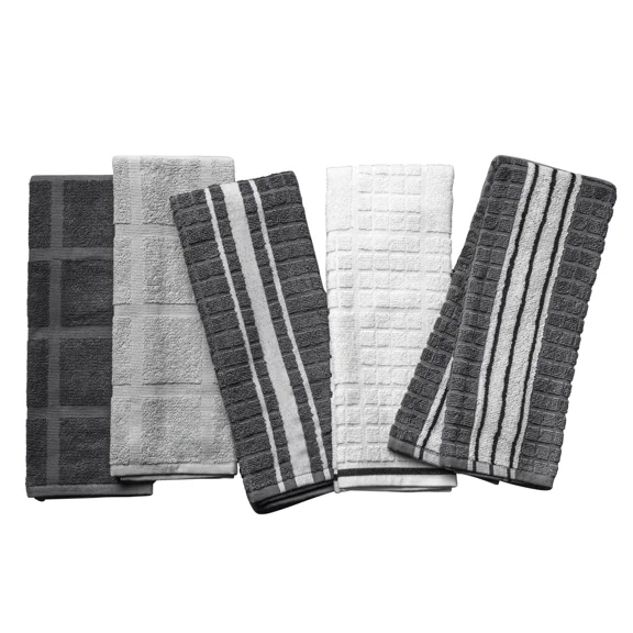 Kitchen Towels, Gray & White, 5 Pack Set