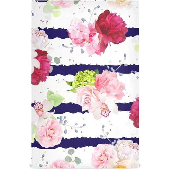 Kitchen Towels Navy Stripe Rose Print Pattern Cleaning Towel Absorbent Hand Towels Tea Towels for Home Restaurant Dish Clean 28" x 18", 6PCS Washcloth Gift