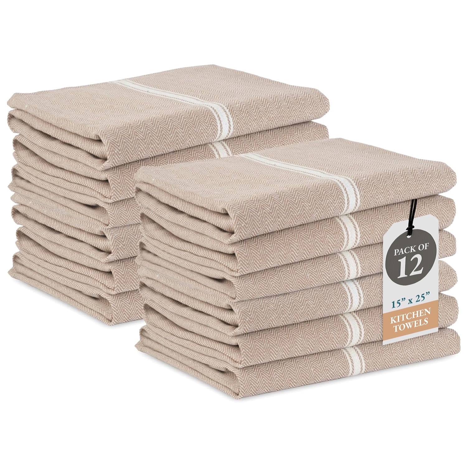 Kitchen Towels Set - 100% Pure Cotton Dish Towels for Kitchen, Super Absorbent Kitchen Hand Towel, Soft & Durable Dish Cloths, Pack of 12 – 15”x25” - Beige Chambray