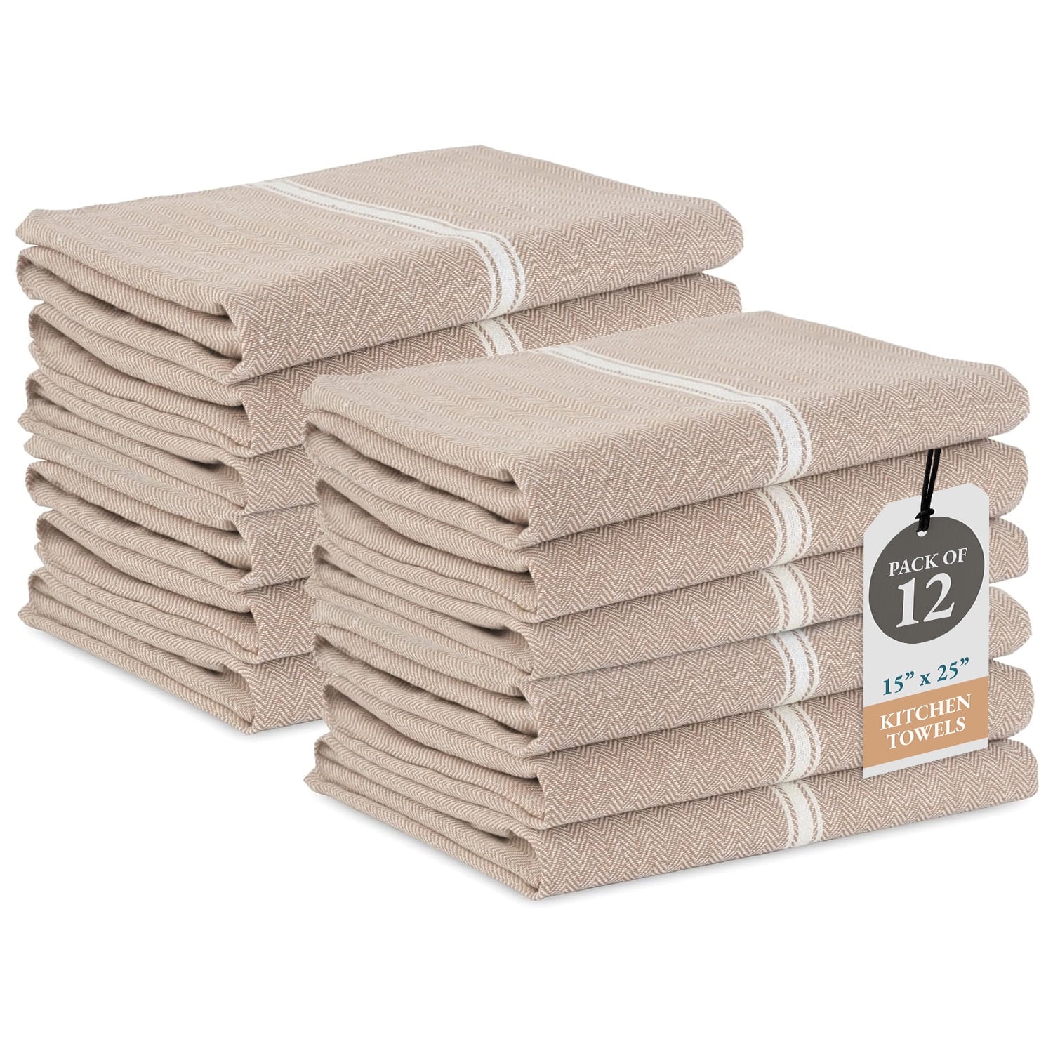 Kitchen Towels Set - 100% Pure Cotton Dish Towels for Kitchen, Super Absorbent Kitchen Hand Towel, Soft & Durable Dish Cloths, Pack of 12 – 15”x25” - Beige Chambray