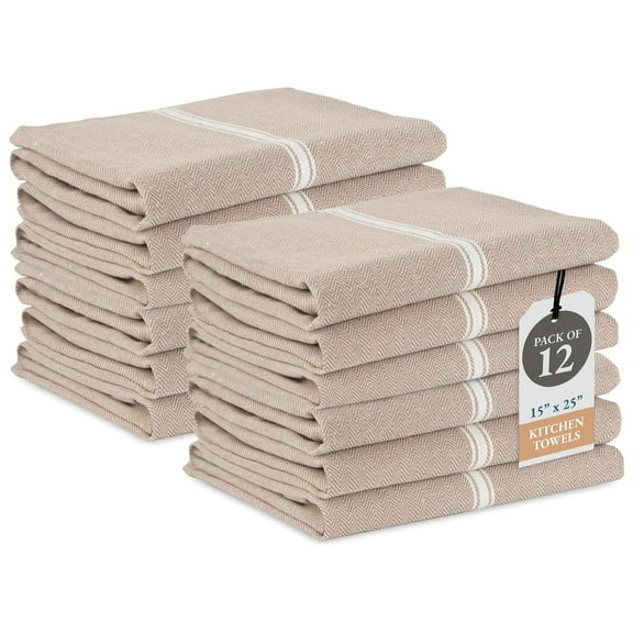 Kitchen Towels Set - 100% Pure Cotton Dish Towels for Kitchen, Super Absorbent Kitchen Hand Towel, Soft & Durable Dish Cloths, Pack of 12 – 15”x25” - Beige Chambray