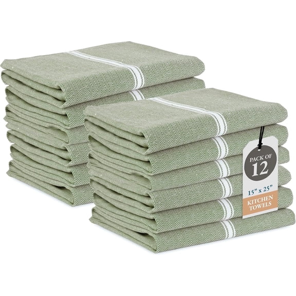 Kitchen Towels Set - 100% Pure Cotton Dish Towels for Kitchen, Super Absorbent Kitchen Hand Towel, Soft & Durable Dish Cloths, Pack of 12 – 15”x25”, Olive Chambrey