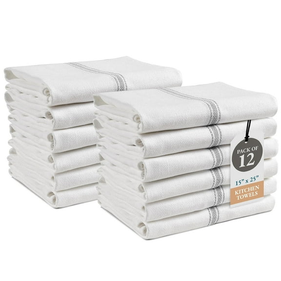 Kitchen Towels Set - 100% Pure Cotton Super Absorbent Hand Towel, Grey Tea Towels, Soft & Durable, Pack of 12 – 15”x25”, Grey Stripe