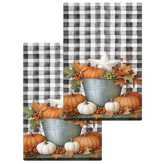 Kitchen Towels Set of 2 Autumn Farmhouse Pumpkin Leaf Berry Dish Towel,15.7x23.6in Microfiber Absorbent Hand Towels Black White Buffalo Check Waffle Weave Quick Drying Tea Towel Cleaning Cloths