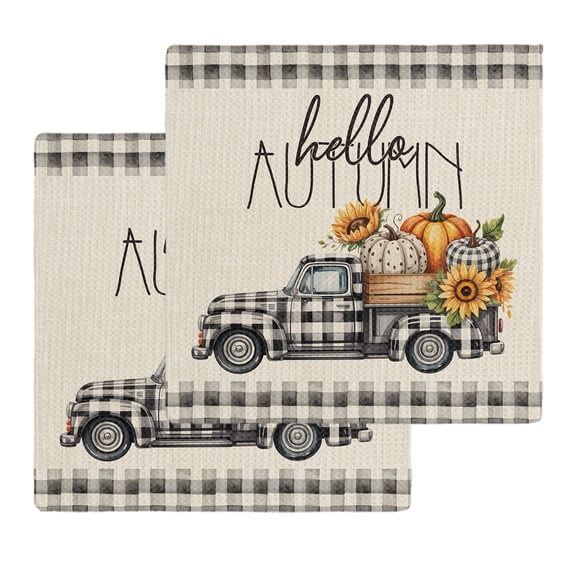 Kitchen Towels Set of 2 Autumn Pumpkin Sunflower Truck on Linen Dish Towel,12x12in Microfiber Absorbent Hand Towels Black Buffalo Plaid Waffle Weave Quick Drying Tea Towel Cleaning Cloths