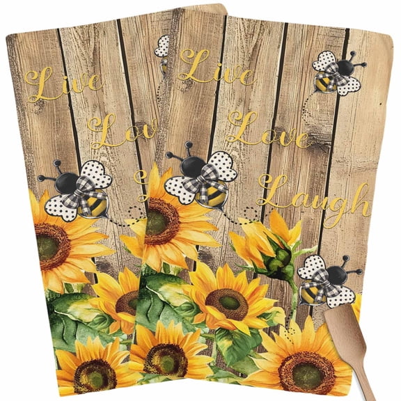 Kitchen Towels Set of 2 Bee Sunflower Dish Towels and Dishcloths Sets Tea Towel Rustic Farm Wood Grain Absorbent Hand Towels for Kitchen Bathroom Drying Cleaning Baking Home Decor