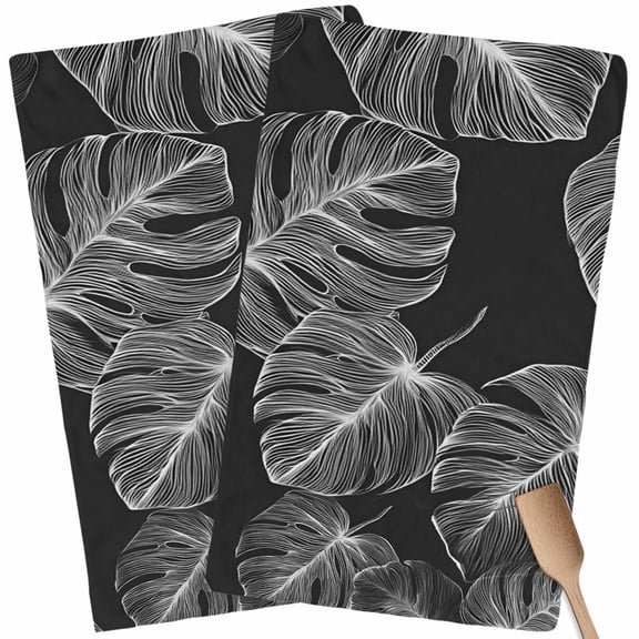 Kitchen Towels Set of 2 Black Palm Leaves Dish Towels and Dishcloths Sets Tea Towel Summer Tropical Branches Absorbent Hand Towels for Kitchen Bathroom Drying Cleaning Baking Home Decor