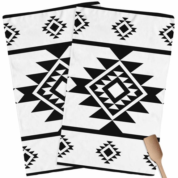 Kitchen Towels Set of 2 Black White Aztec Dish Towels and Dishcloths Sets Tea Towel Western Tribal Pattern Absorbent Hand Towels for Kitchen Bathroom Drying Cleaning Baking Home Decor