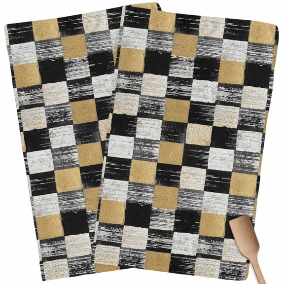 Kitchen Towels Set of 2 Blake Gold Squares Block Dish Towels and Dishcloths Sets Tea Towel Geometric Checkerboard Absorbent Hand Towels for Kitchen Bathroom Drying Cleaning Baking Home Decor