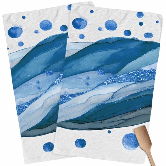 Kitchen Towels Set of 2 Blue Ink Polka Dots Dish Towels and Dishcloths Sets Tea Towel Abstract Art Waves Lines Absorbent Hand Towels for Kitchen Bathroom Drying Cleaning Baking Home Decor