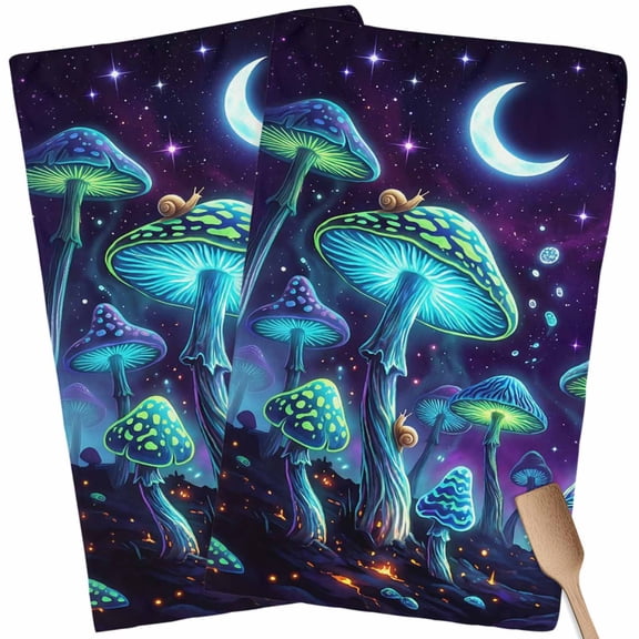 Kitchen Towels Set of 2 Blue Neon Mushrooms Dish Towels and Dishcloths Sets Tea Towel Fantasy Shiny Moon Snails Absorbent Hand Towels for Kitchen Bathroom Drying Cleaning Baking Home Decor