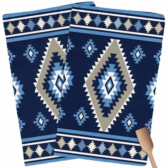 Kitchen Towels Set of 2 Blue Tribal Geometric Dish Towels and Dishcloths Sets Tea Towel Boho Vintage Native Abstract Absorbent Hand Towels for Kitchen Bathroom Drying Cleaning Baking Home Decor