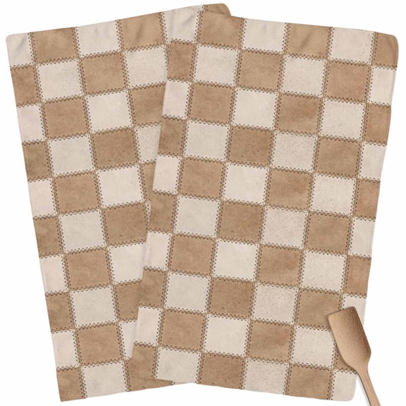 Kitchen Towels Set of 2 Brown Linen Texture Dish Towels and Dishcloths Sets Tea Towel Bohemian Patchwork Checkerboard Absorbent Hand Towels for Kitchen Bathroom Drying Cleaning Baking Home Decor