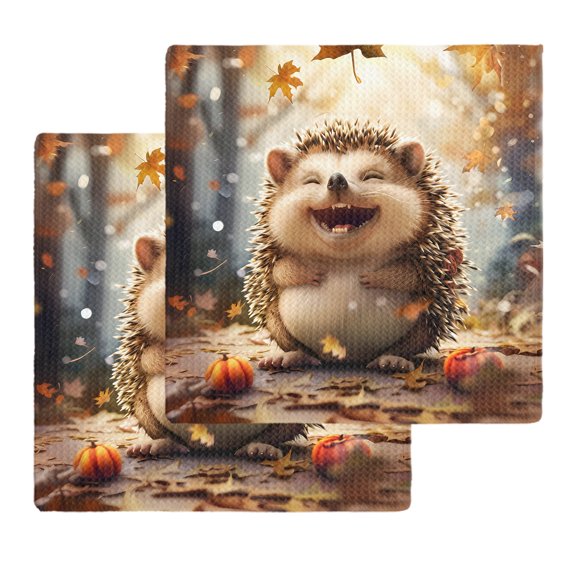 Kitchen Towels Set of 2 Cartoon Hedgehog Autumn Maple Leaves Pumpkin Dish Towel,12x12in Microfiber Absorbent Hand Towels Forest Waffle Weave Quick Drying Tea Towel Cleaning Cloths