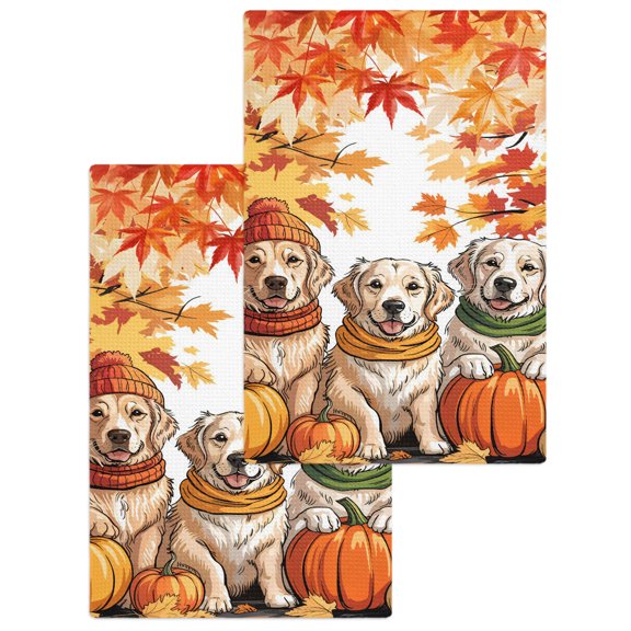 Kitchen Towels Set of 2 Cartoon Thanksgiving Puppy Dish Towel,15.7x23.6in Microfiber Absorbent Hand Towels Autumn Pumpkin Maple Leaf Waffle Weave Quick Drying Tea Towel Cleaning Cloths