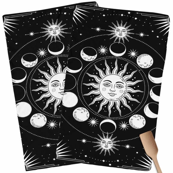 Kitchen Towels Set of 2 Celestial Sun and Moon Dish Towels and Dishcloths Sets Tea Towel Black Starry Galaxy Boho Absorbent Hand Towels for Kitchen Bathroom Drying Cleaning Baking Home Decor