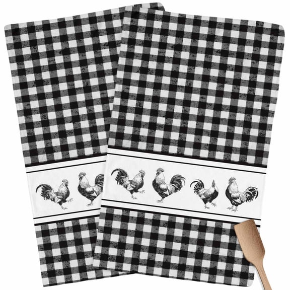 Kitchen Towels Set of 2 Chicken Cock Rooster Dish Towels and Dishcloths Sets Tea Towel Farmhouse Animal Black Buffalo Plaid Absorbent Hand Towels for Kitchen Bathroom Drying Cleaning Home Decor