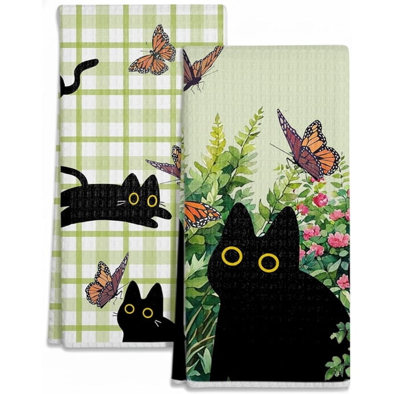 Kitchen Towels Set of 2 - Cute Design 18×26 Inch Dish Towels Black Cats Quick Dry Hand Towels Soft & Absorbent, Home Decorative, Terry Cloth Tea Towels (Black Cat)