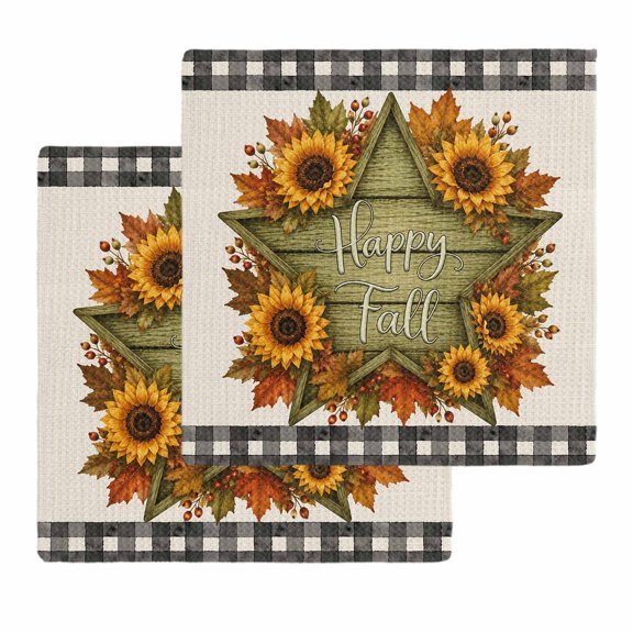 Kitchen Towels Set of 2 Fall Sunflower Maple Leaf Dish Towel,12x12in Microfiber Absorbent Hand Towels Country Star Retro Linen Checkered Waffle Weave Quick Drying Tea Towel Cleaning Cloths