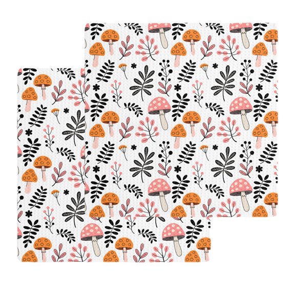 Kitchen Towels Set of 2 Farm Mushroom Leaf Cartoon Style Dish Towel,12x12in Microfiber Absorbent Hand Towels Autumn Leaves Seamless Waffle Weave Quick Drying Tea Towel Cleaning Cloths