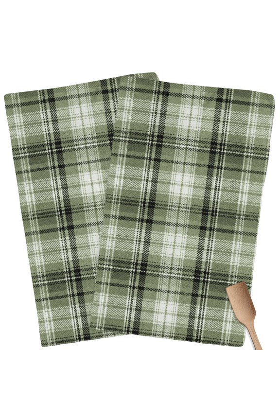 Kitchen Towels Set of 2 Green Checked Plaid Dish Towels and Dishcloths Sets Tea Towel Stripes Woven Grid Absorbent Hand Towels for Kitchen Bathroom Drying Cleaning Baking Home Decor