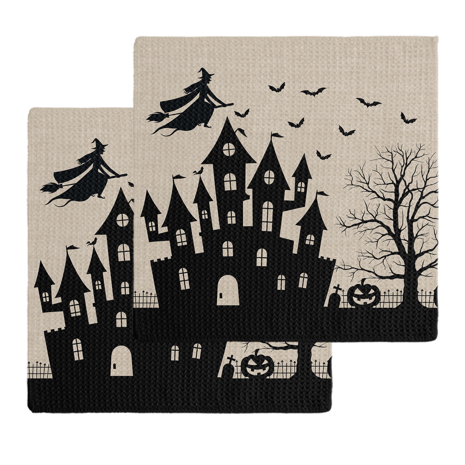 Hand Sign Dead Kitchen Towels Set of 2 Halloween Haunted Castle Witch Riding Broom Bat ...