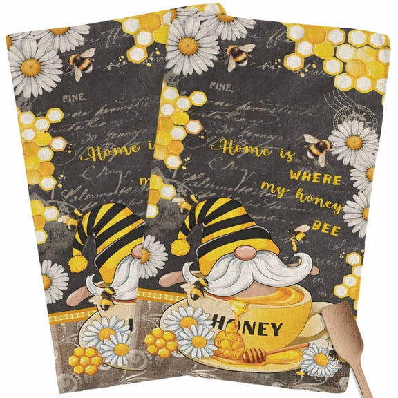Kitchen Towels Set of 2 Honey Bee Gnome Dish Towels and Dishcloths Sets Tea Towel Daisy Flower Black Absorbent Hand Towels for Kitchen Bathroom Drying Cleaning Baking Home Decor