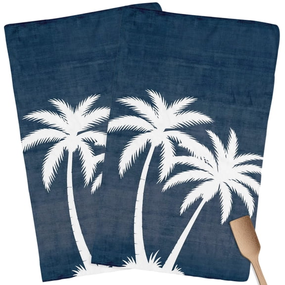 Kitchen Towels Set of 2 Indigo Tropical Palm Trees Dish Towels and Dishcloths Sets Tea Towel Linen Grain Absorbent Hand Towels for Kitchen Bathroom Drying Cleaning Baking Home Decor