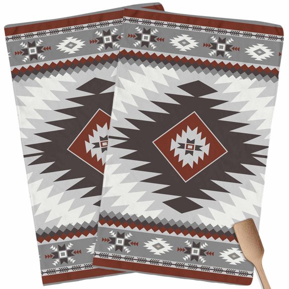 Kitchen Towels Set of 2 Jujube Gray Bohemian Dish Towels and Dishcloths Sets Tea Towel Aztec Boho Tribal Style Absorbent Hand Towels for Kitchen Bathroom Drying Cleaning Baking Home Decor