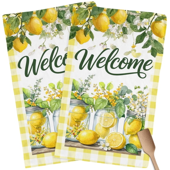 Kitchen Towels Set of 2 Lemon Mason Jars Dish Towels and Dishcloths Sets Tea Towel Summer Fruit Flower Plaid Welcome Absorbent Hand Towels for Kitchen Bathroom Drying Cleaning Baking Home Decor