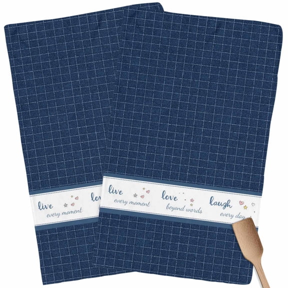 Kitchen Towels Set of 2 Live Love Laugh Dish Towels and Dishcloths Sets Tea Towel Blue Check Buffalo Plaid Absorbent Hand Towels for Kitchen Bathroom Drying Cleaning Baking Home Decor