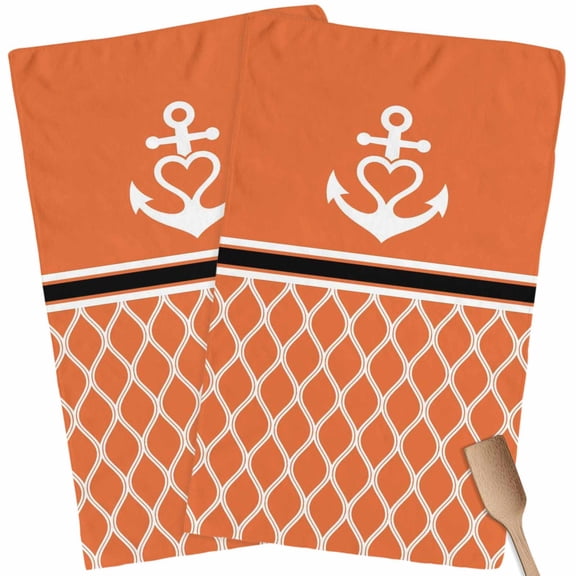 Kitchen Towels Set of 2 Nautical Anchor Dish Towels and Dishcloths Sets Tea Towel Moroccan Geometric Orange Absorbent Hand Towels for Kitchen Bathroom Drying Cleaning Baking Home Decor