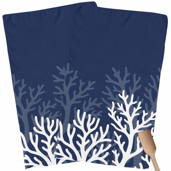 Kitchen Towels Set of 2 Navy Blue Coastal Coral Reef Dish Towels and Dishcloths Sets Tea Towel Ocean Marine Life Seaweed Absorbent Hand Towels for Kitchen Bathroom Drying Cleaning Baking Home Decor