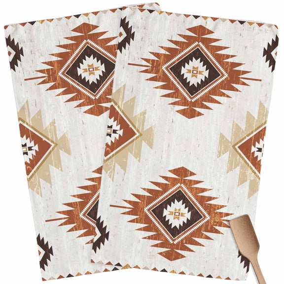 Kitchen Towels Set of 2 Orange Boho Aztec Dish Towels and Dishcloths Sets Tea Towel Southwest Tribal Style Absorbent Hand Towels for Kitchen Bathroom Drying Cleaning Baking Home Decor