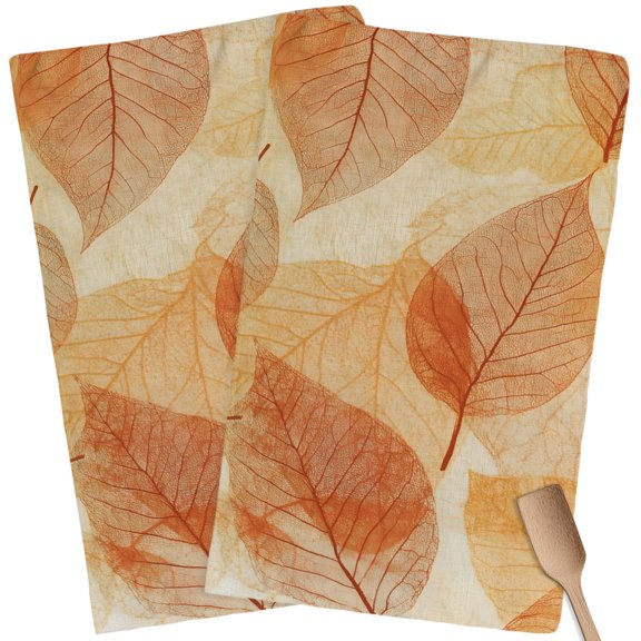 Kitchen Towels Set of 2 Orange Transparent Leaves Dish Towels and Dishcloths Sets Tea Towel Ombre Leaf Veins Absorbent Hand Towels for Kitchen Bathroom Drying Cleaning Baking Home Decor