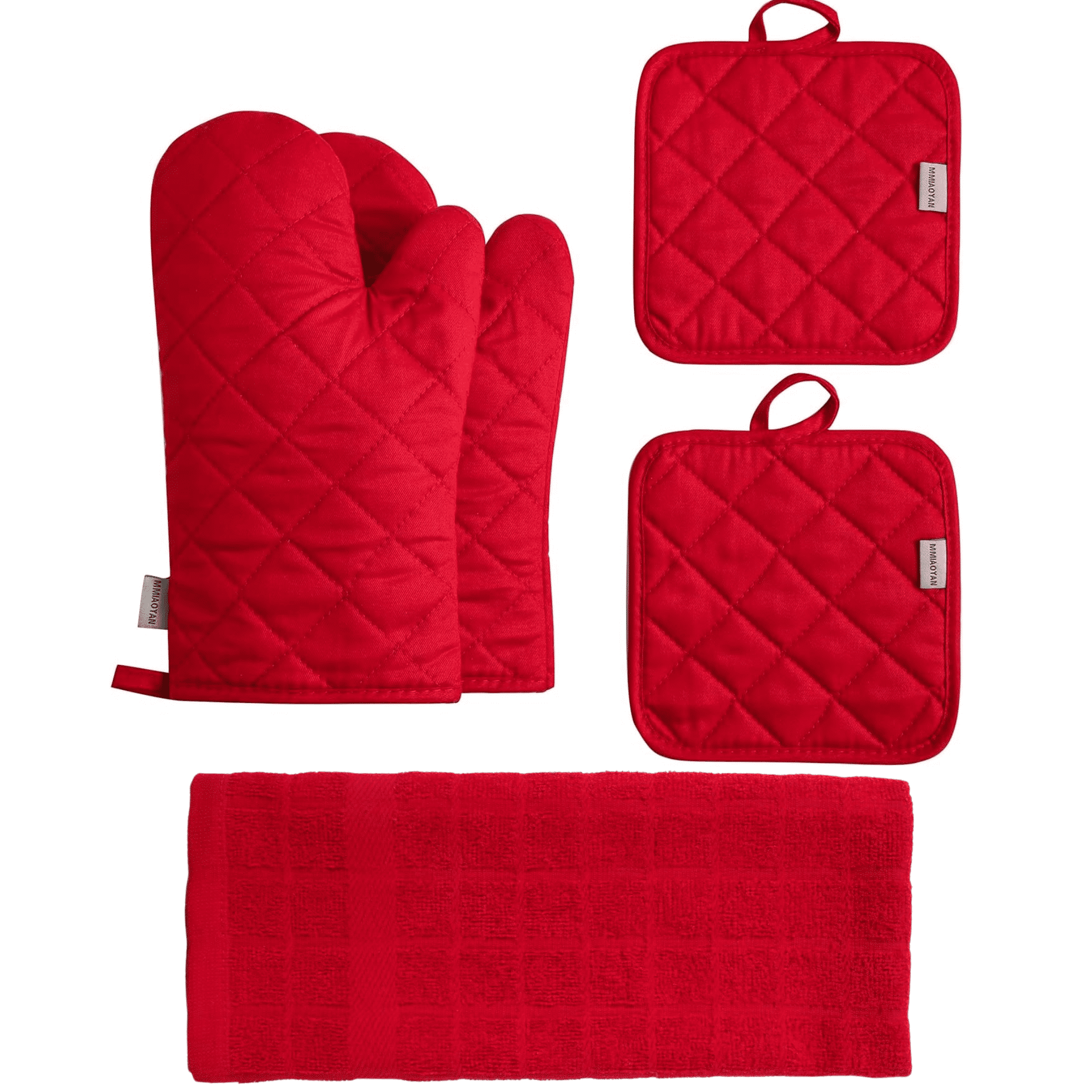 Kitchen Towels Set 2 Oven Mitts, 2 Pot Holders, 1 Kitchen Towel Red