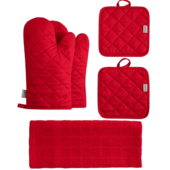 Kitchen Towels Set - 2 Oven Mitts, 2 Pot Holders, 1 Kitchen Towel - Red