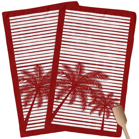 Kitchen Towels Set of 2 Red Tropical Palm Leaves Dish Towels and Dishcloths Sets Tea Towel Summer Stripes Absorbent Hand Towels for Kitchen Bathroom Drying Cleaning Baking Home Decor