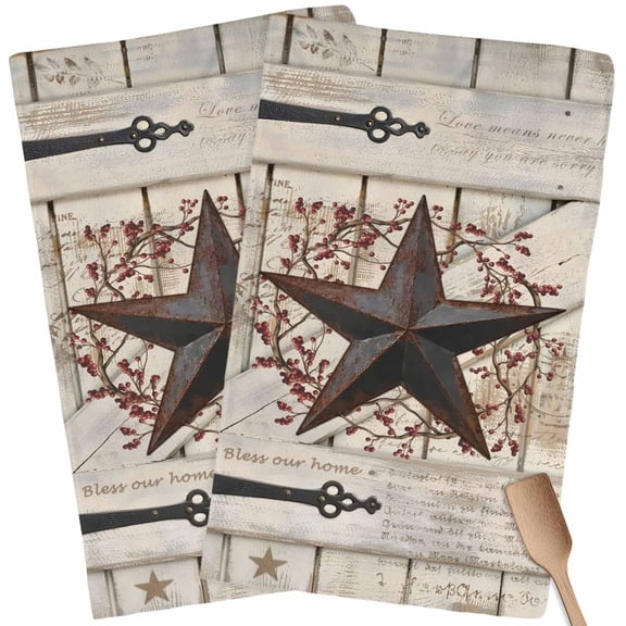 Kitchen Towels Set of 2 Rusty Barn Star Doors Dish Towels and Dishcloths Sets Tea Towel Berry Retro Rustic Walls Absorbent Hand Towels for Kitchen Bathroom Drying Cleaning Baking Home Decor