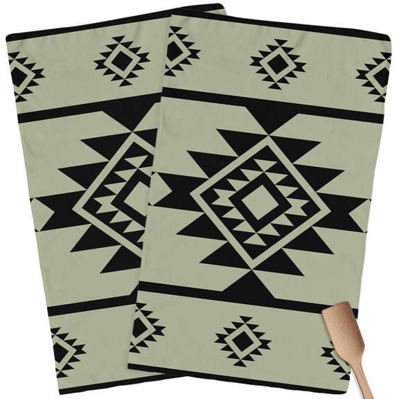 Kitchen Towels Set of 2 Sage Green Aztec Dish Towels and Dishcloths Sets Tea Towel Western Tribal Pattern Absorbent Hand Towels for Kitchen Bathroom Drying Cleaning Baking Home Decor