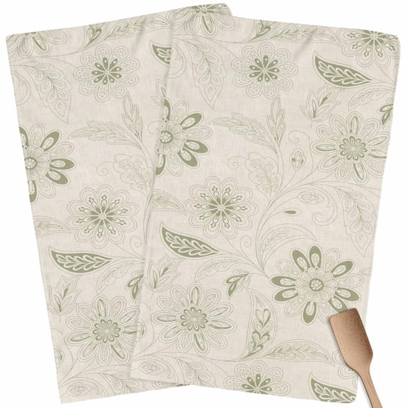 Kitchen Towels Set of 2 Sage Green Paisley Pattern Dish Towels and Dishcloths Sets Tea Towel Boho Tribal Vintage Flowers Absorbent Hand Towels for Kitchen Bathroom Drying Cleaning Baking Home Decor