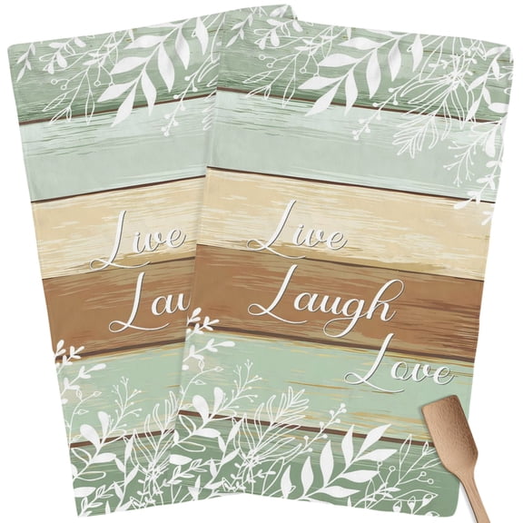 Kitchen Towels Set of 2 Sage Green Wood Grain Dish Towels and Dishcloths Sets Tea Towel Leaves Laugh Love Absorbent Hand Towels for Kitchen Bathroom Drying Cleaning Baking Home Decor