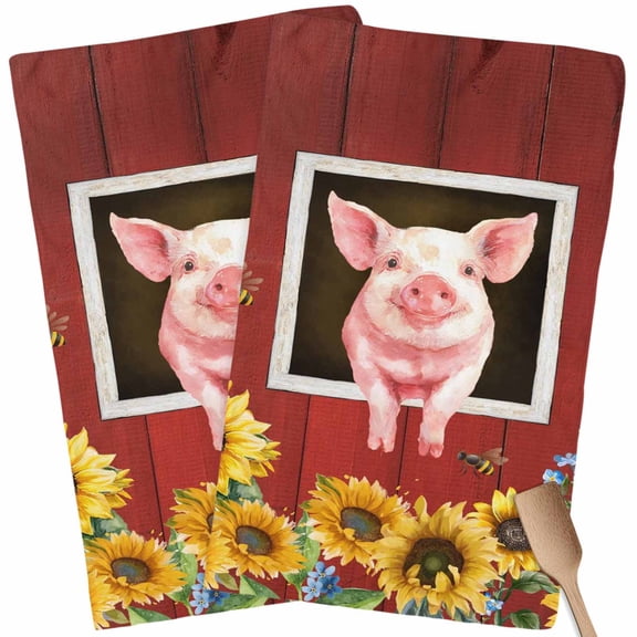 Kitchen Towels Set of 2 Sunflower Pig Dish Towels and Dishcloths Sets Tea Towel Farm Animal Barn Absorbent Hand Towels for Kitchen Bathroom Drying Cleaning Baking Home Decor