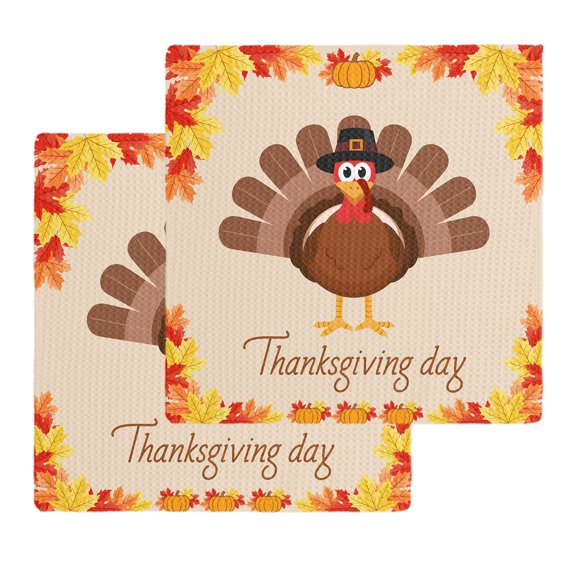 Kitchen Towels Set of 2 Thanksgiving Cartoon Turkey Dish Towel,12x12in Microfiber Absorbent Hand Towels Farm Fall Maple Leaf Pumpkin Waffle Weave Quick Drying Tea Towel Cleaning Cloths